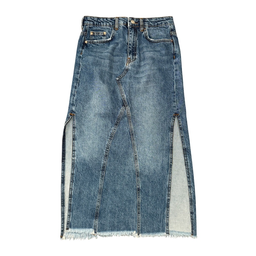 Free People Denim Maxi Skirt Size 2 Blue Side Slits Distressed Jean Skirt